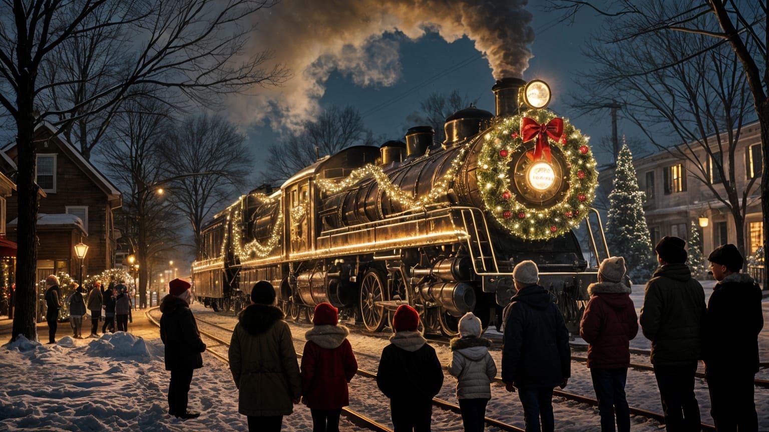 Festive Christmas Train in Snowy Suburb at Night