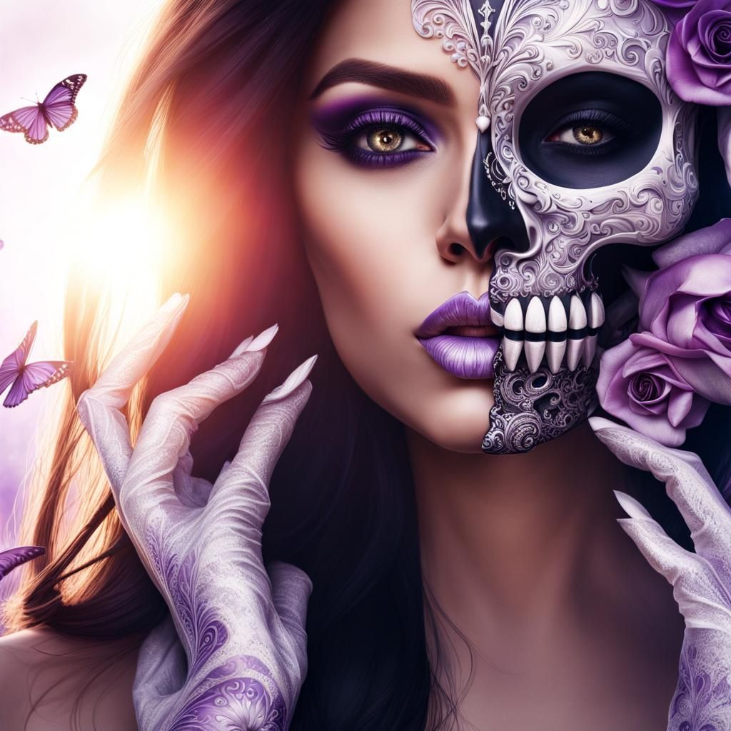 Woman with Death Mask and Glowing Skull Decoration