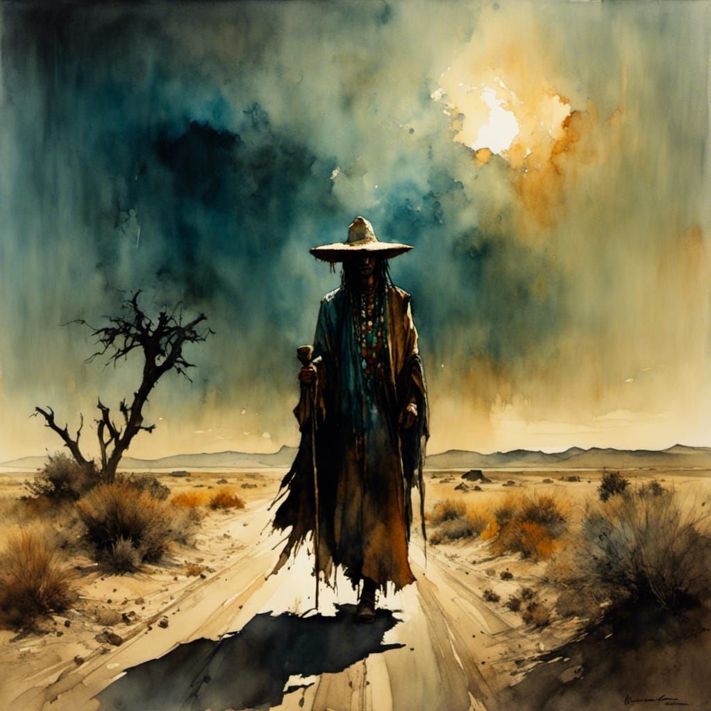 Mexican Shaman Hitchhiking in Desert, Dark Fantasy Art