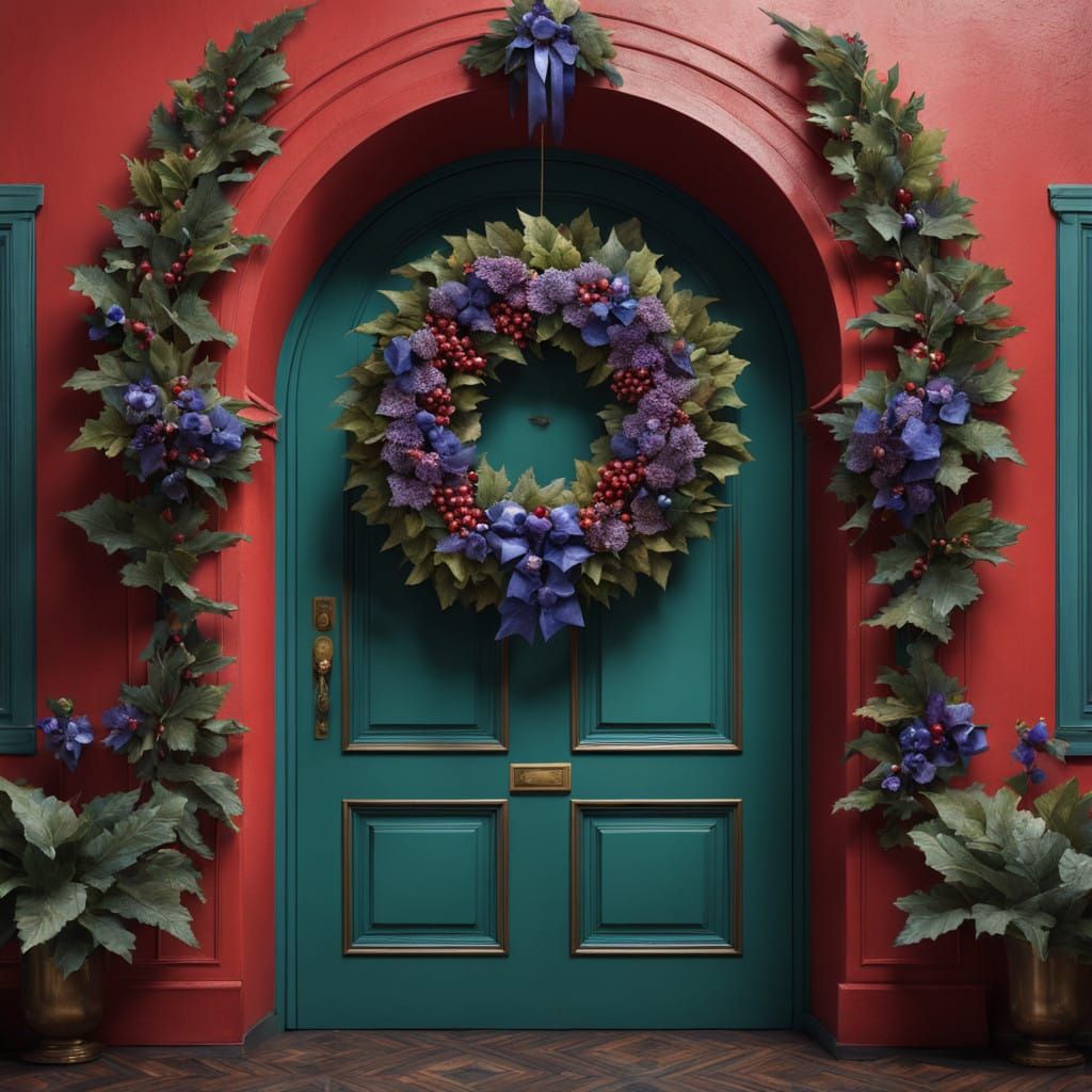 Hyper-Realistic Christmas Wreath in Emerald Green and Crimso...