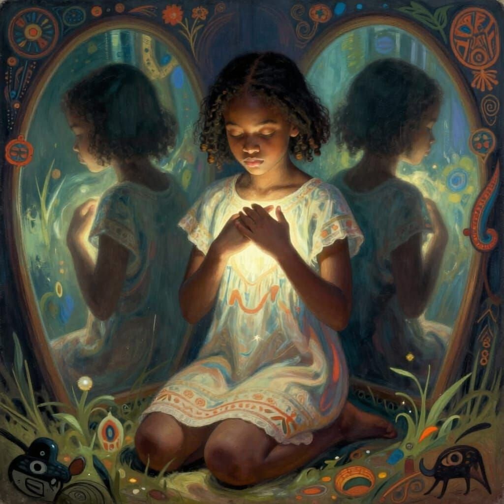 Young Girl Whispers Secret in Mirror World