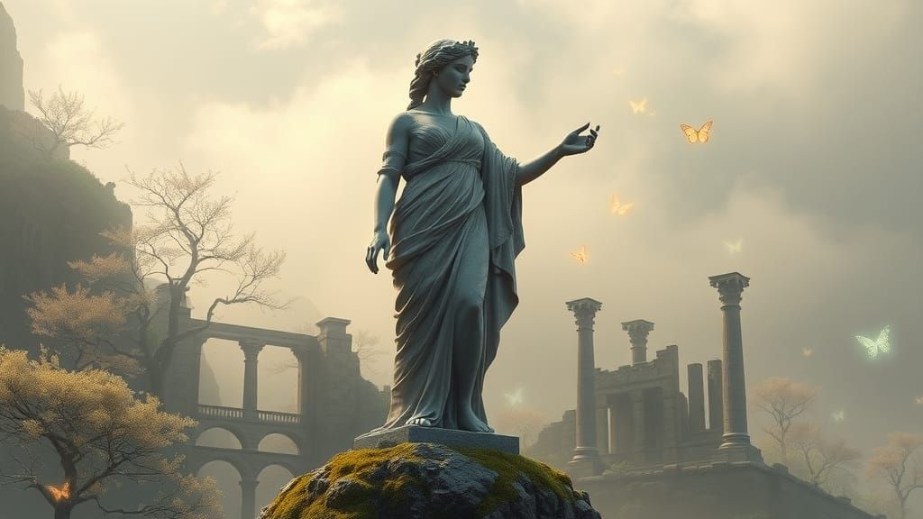 Goddess Athena Statue on Mountain in Ethereal Setting
