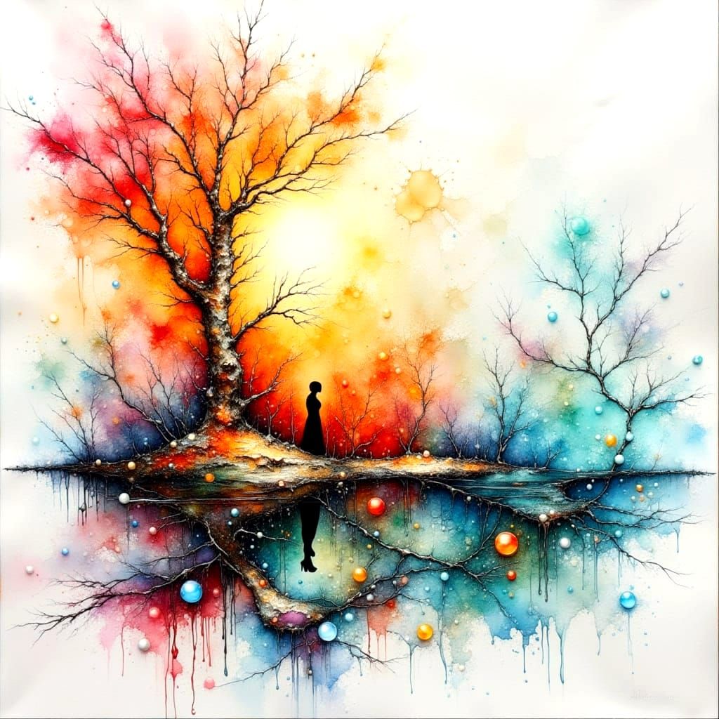 Impressionistic Watercolor Dreamscape with Fluid Water Effec...