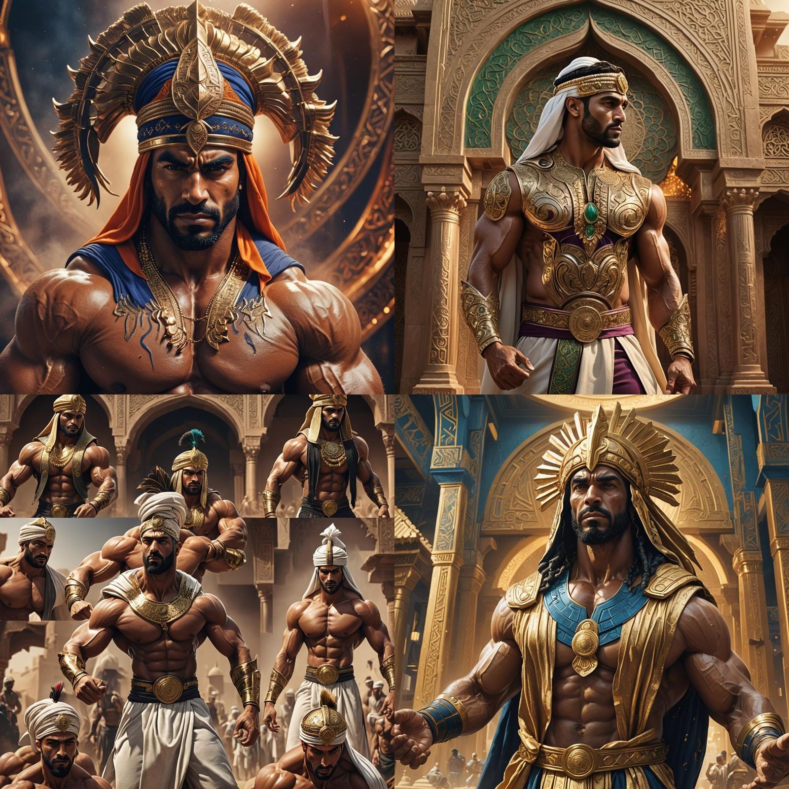Arab Bodybuilder Flexing in Ghutra: Detailed Matte Painting