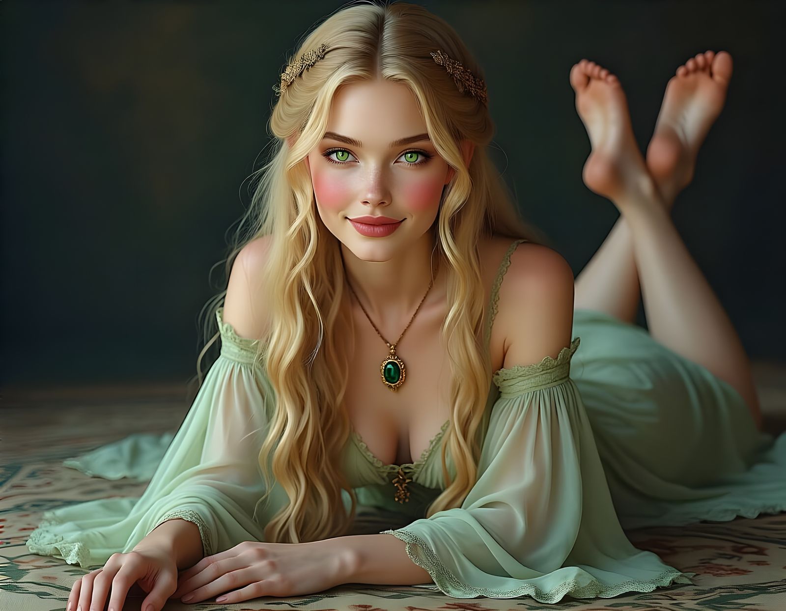 Norse Goddess of Medicine in Emerald and Gold Style