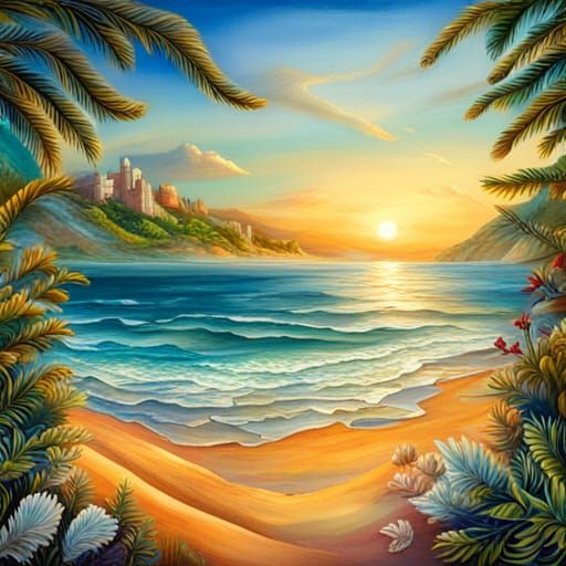 Colorful Decoupage of a Mediterranean Beach Seascape