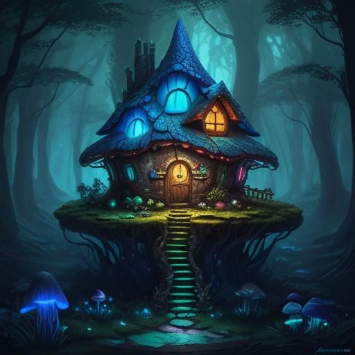 Enchanted Fairy Mushroom House in Bioluminescent Forest