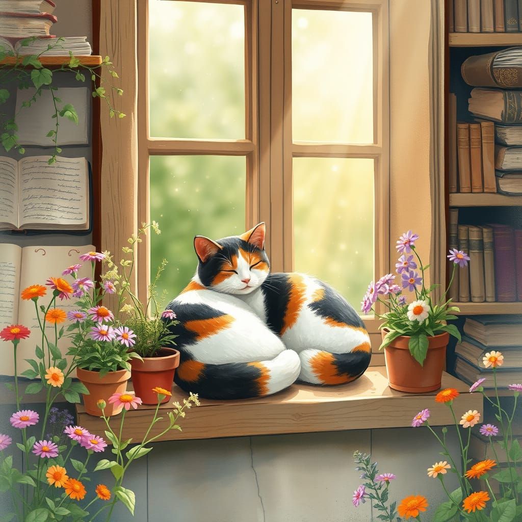 Cozy Cottage Scene with Calico Cat and Wildflowers in Waterc...