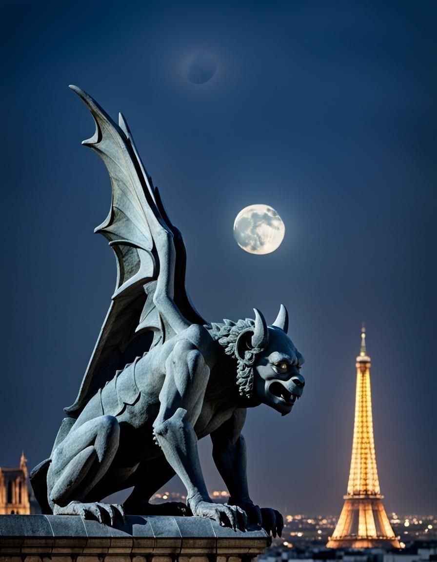 Paris Skyline at Night with Notre-Dame Gargoyle