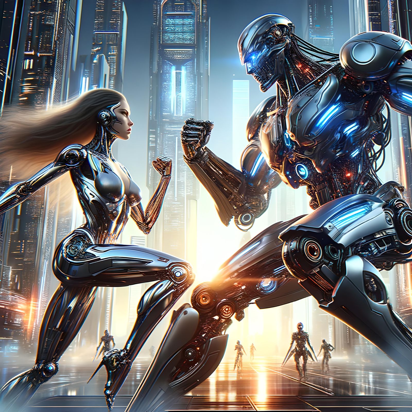 Cyborg Woman vs Battle Droid in Neon Cityscape