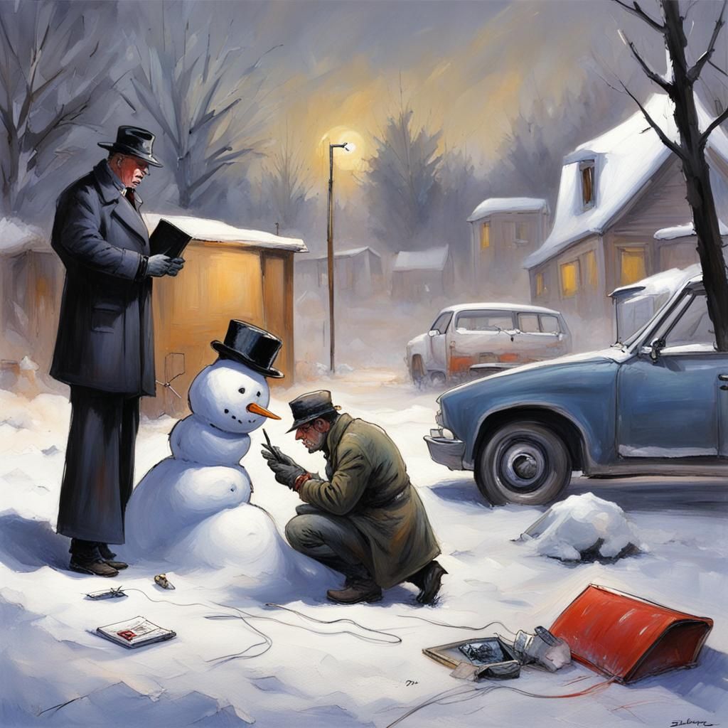 Detective Investigates Snowman Sled Crash Scene