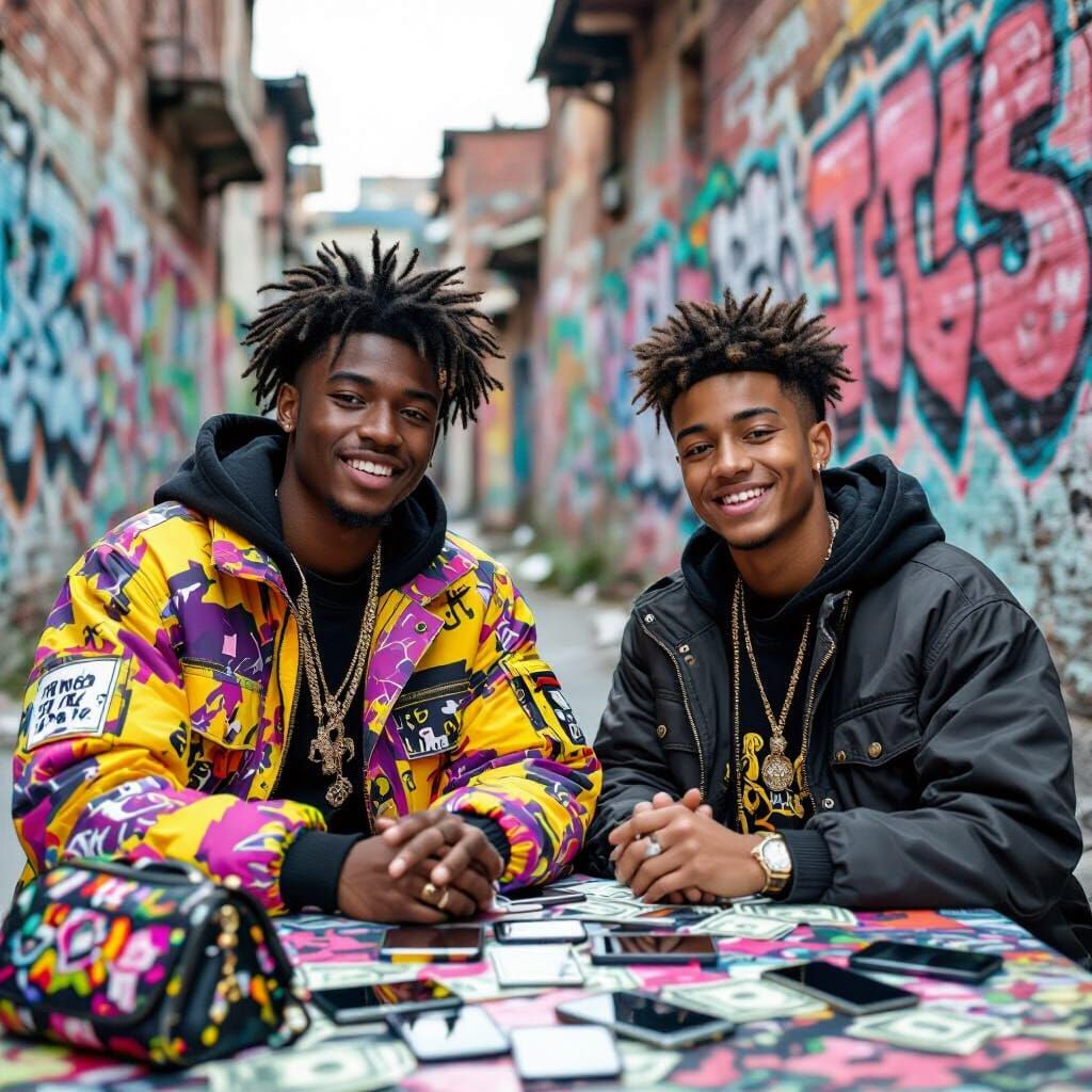 Joyful Friends in Urban Ghetto with Phones and Cash