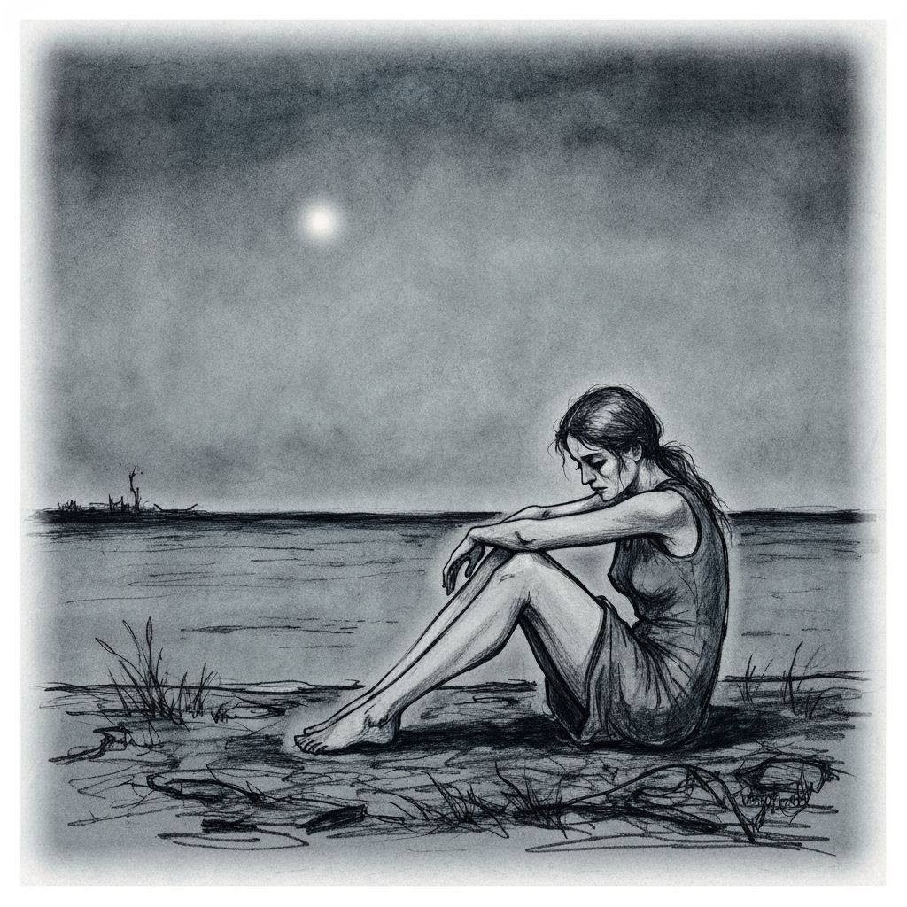 Woman in Desolate Landscape, Charcoal Sketch Style