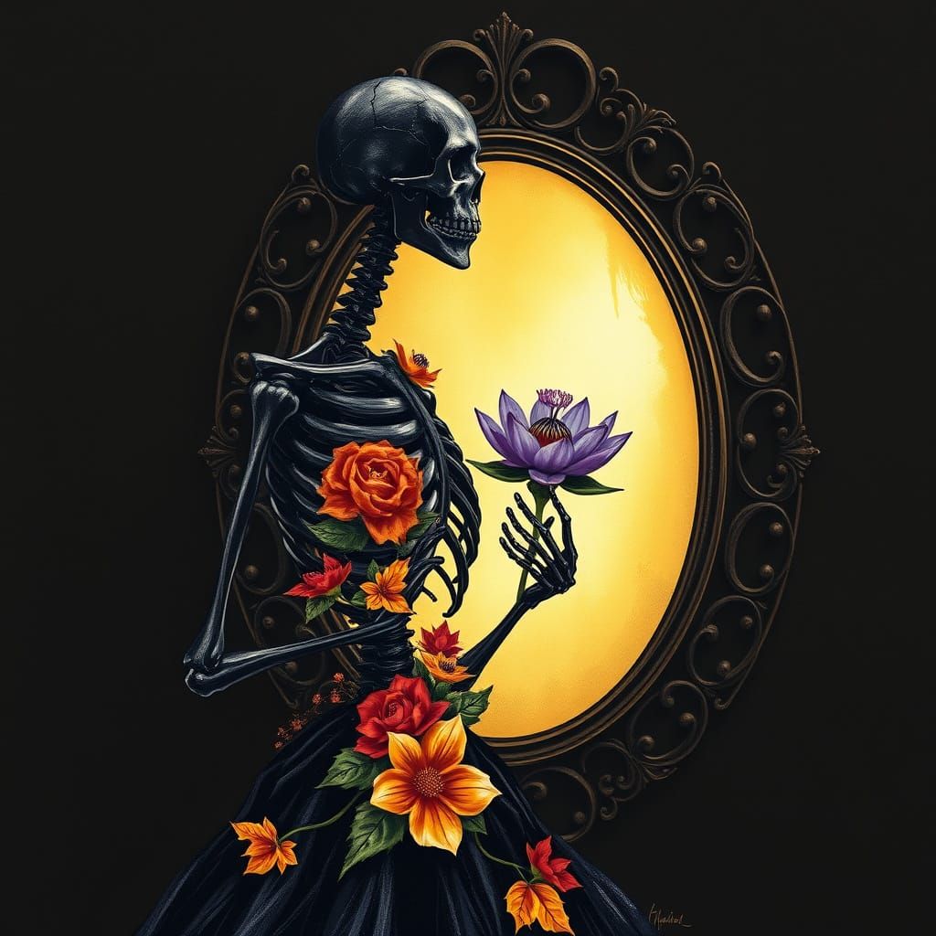 Floral Skeleton in Mirror: A Dark Fantasy Sketch