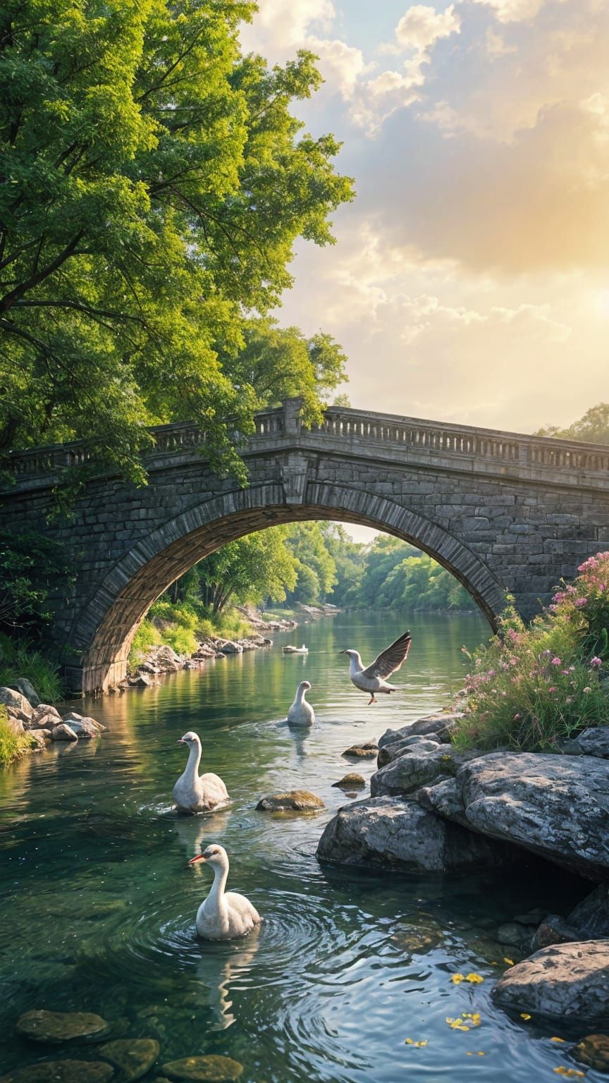 Bridge Over Tranquil River in a Serene Landscape