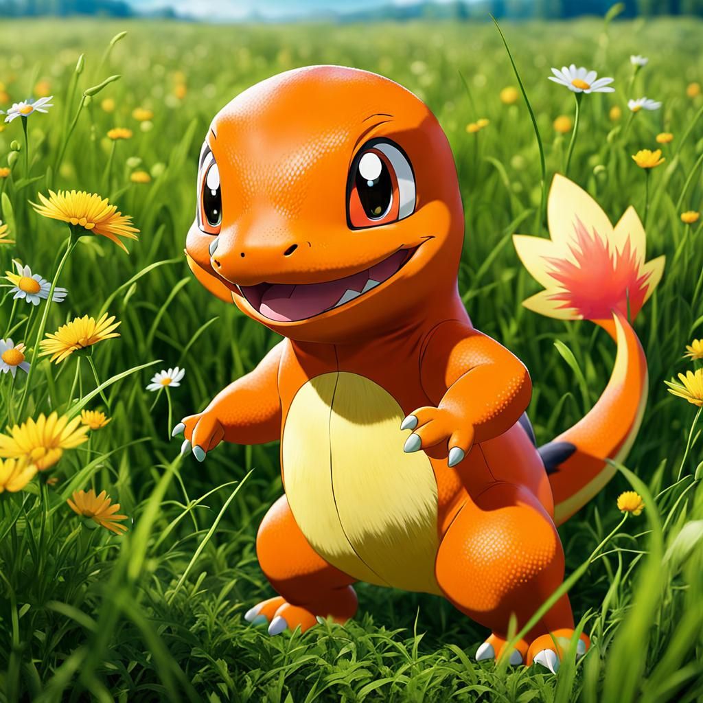 Charmander Plays in Sunny Meadow