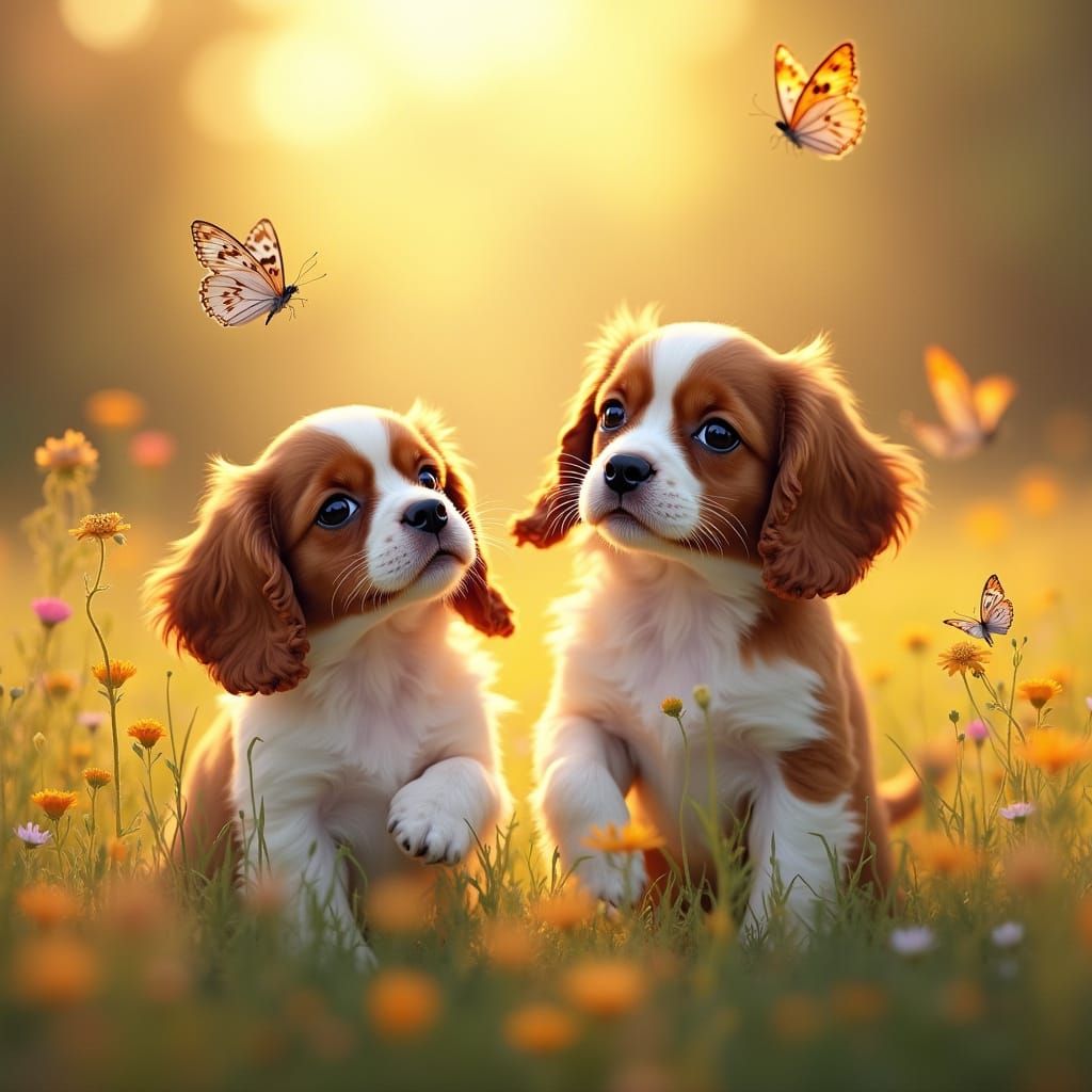 Blenheim Spaniels in Sun-Drenched Meadow, Classical Realism