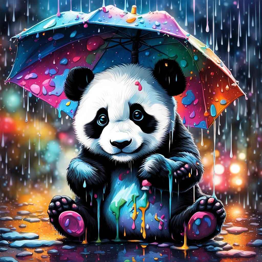 Hyperrealistic Baby Panda in Rainy Graffiti Art