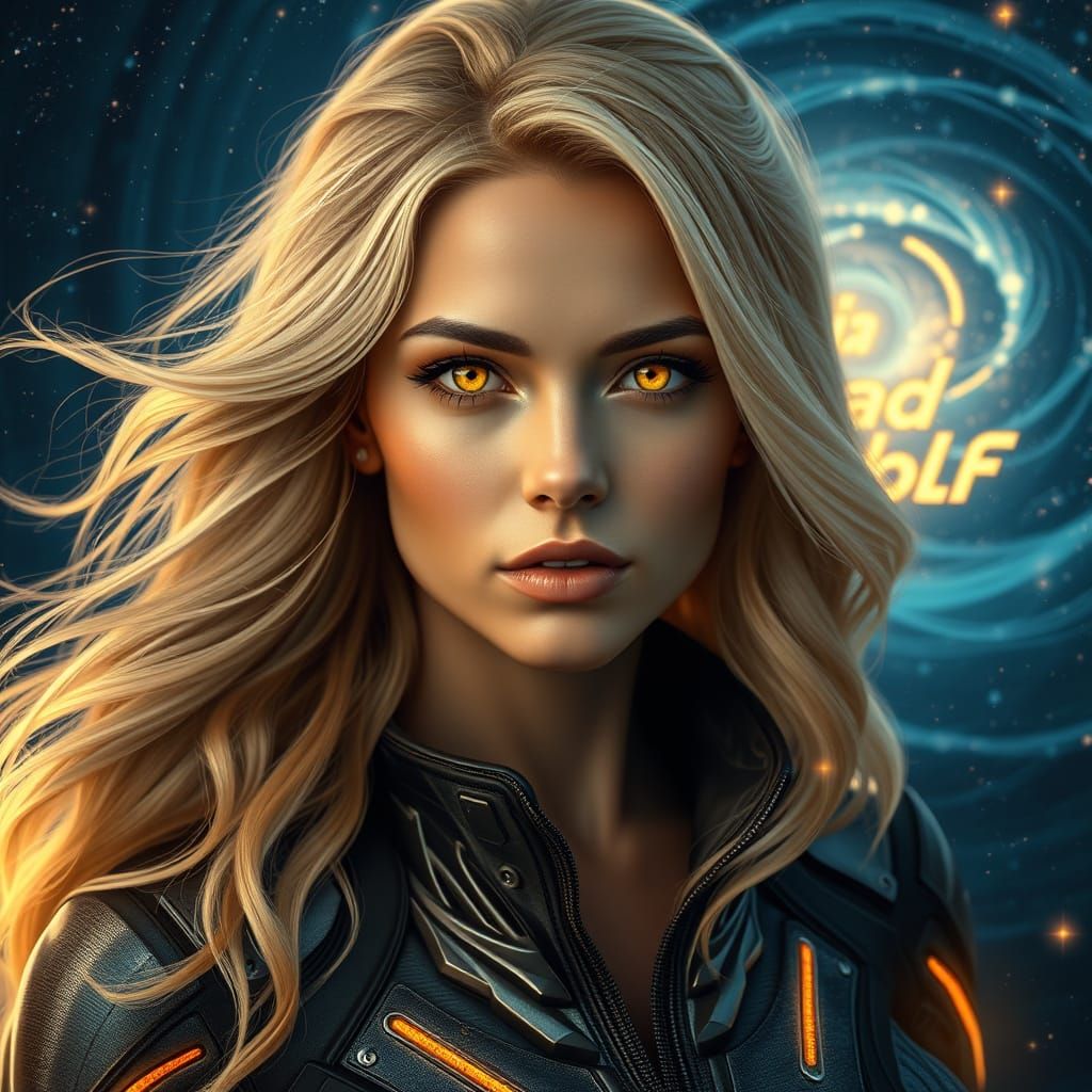 Cyberpunk Goddess with Golden Eyes and Cosmic Aura
