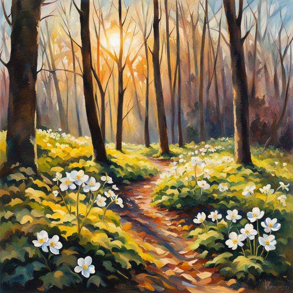 Wood Anemones in Spring Sunlight: Gouache Impressionism
