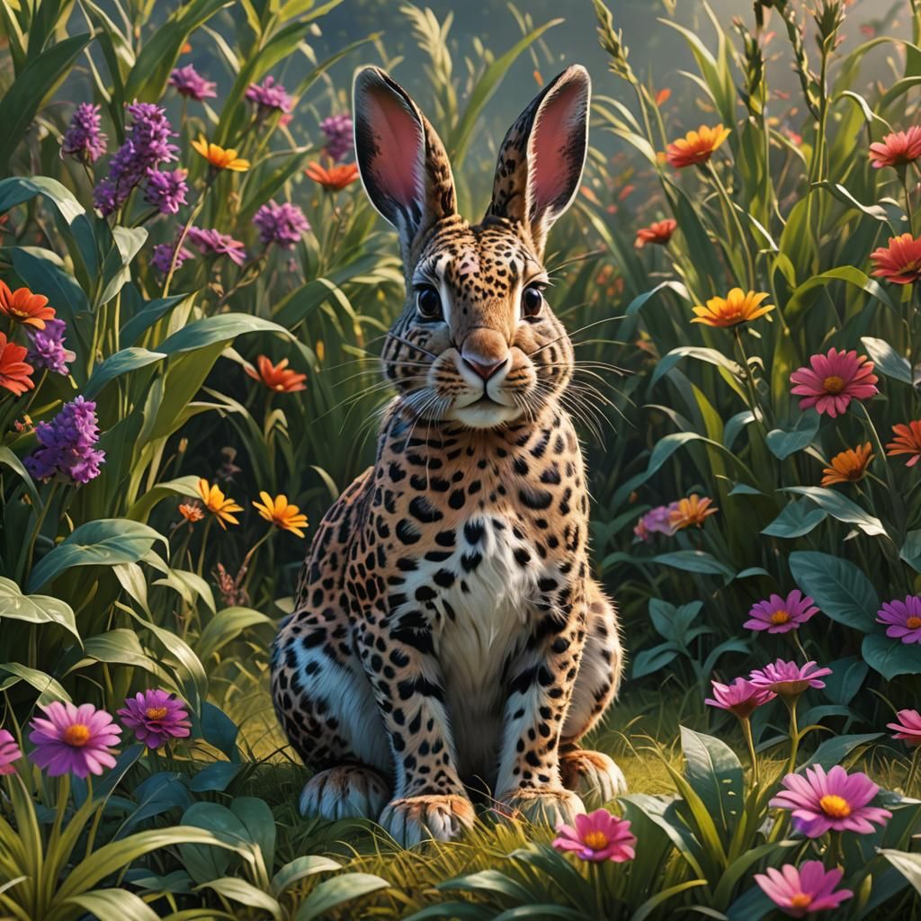 Leopard Print Rabbit in Tulip Field: Fantasy Art