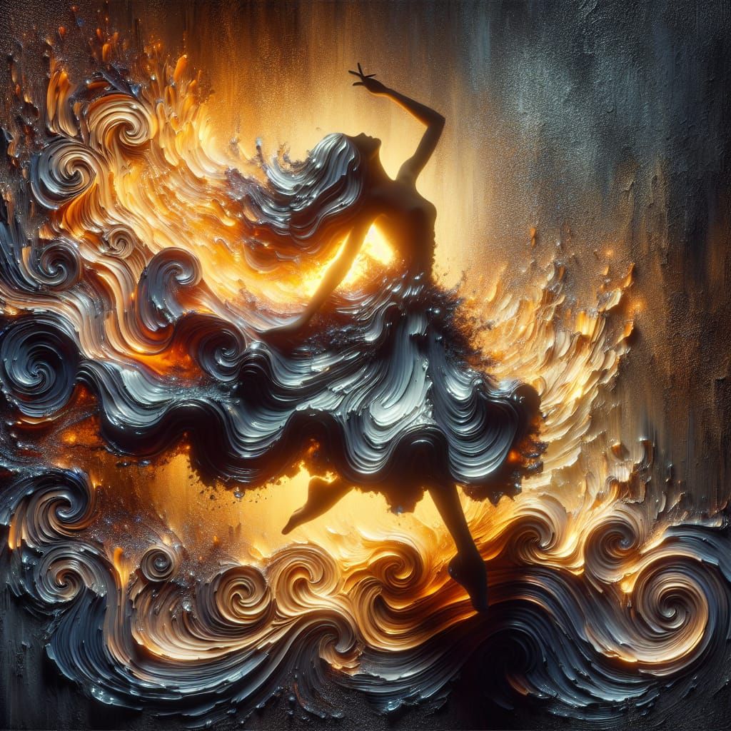 Fire Dancer Silhouette in Fantasy Impasto Style