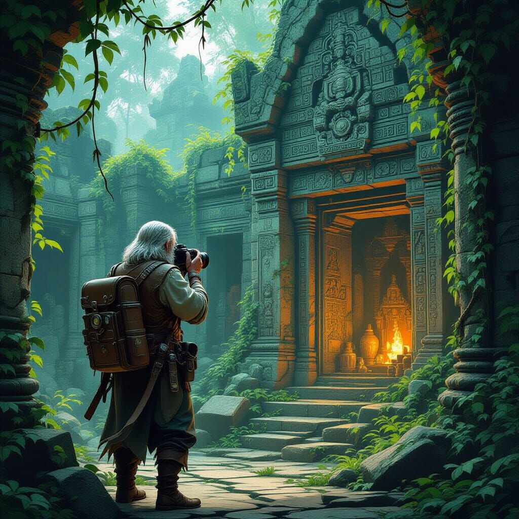 Adventurer at Ancient Temple Entrance in Hyperreal Style