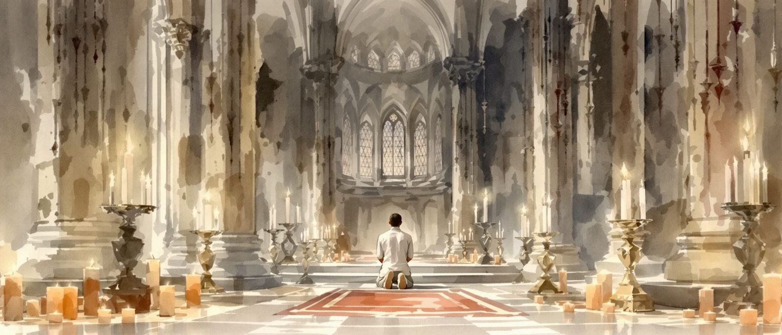 Man Kneeling in Gothic Temple Amidst Candles