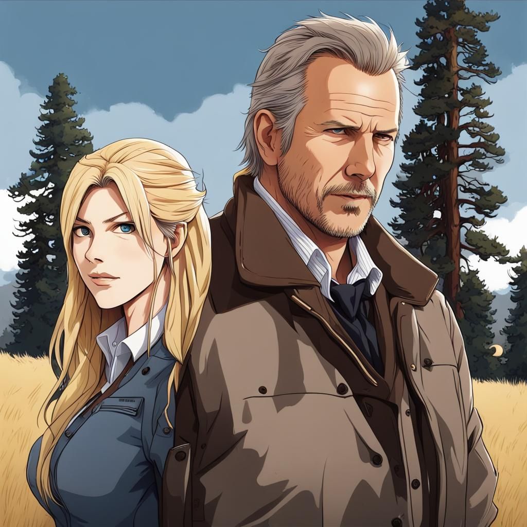 Katheryn Winnick and Kevin Costner in Anime Yellowstone