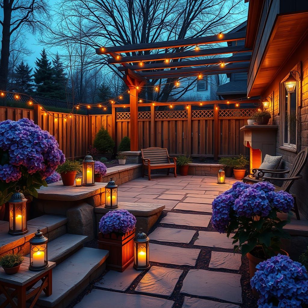 Twilight Garden with Romantic Lighting in Hyperrealism