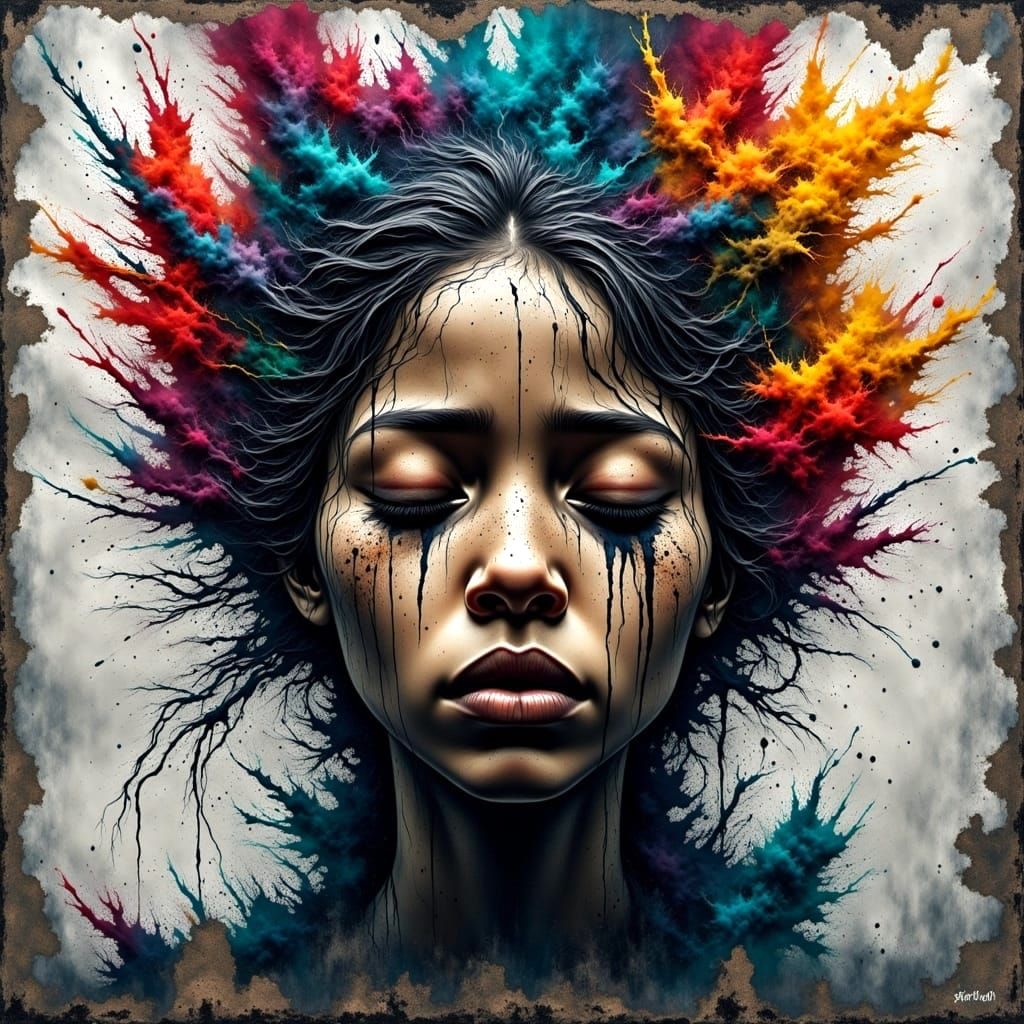 Vibrant Graffiti Portrait of a Young Boy's Emotional Turmoil