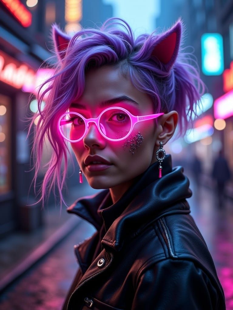 Cyberpunk Girl with Pink Glasses and Silver Bokeh