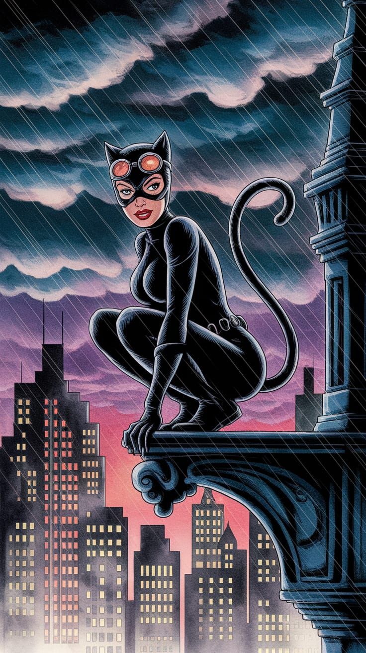 Catwoman in Gothic Gotham Cityscape