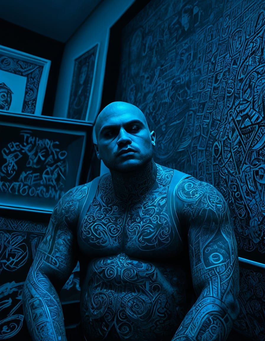 Eerie Portrait with Ornate Facial Tattoos and Wall Art