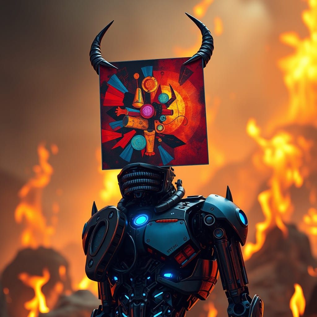 Mechanical Creature Displays Futuristic Artwork Amidst Flame...