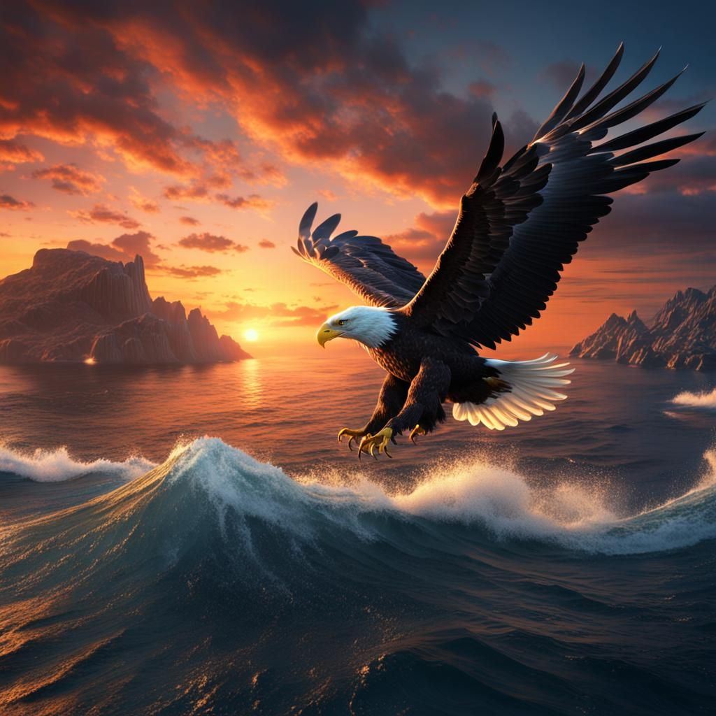 Eagle Flying Over Sea at Sunset: Digital Art