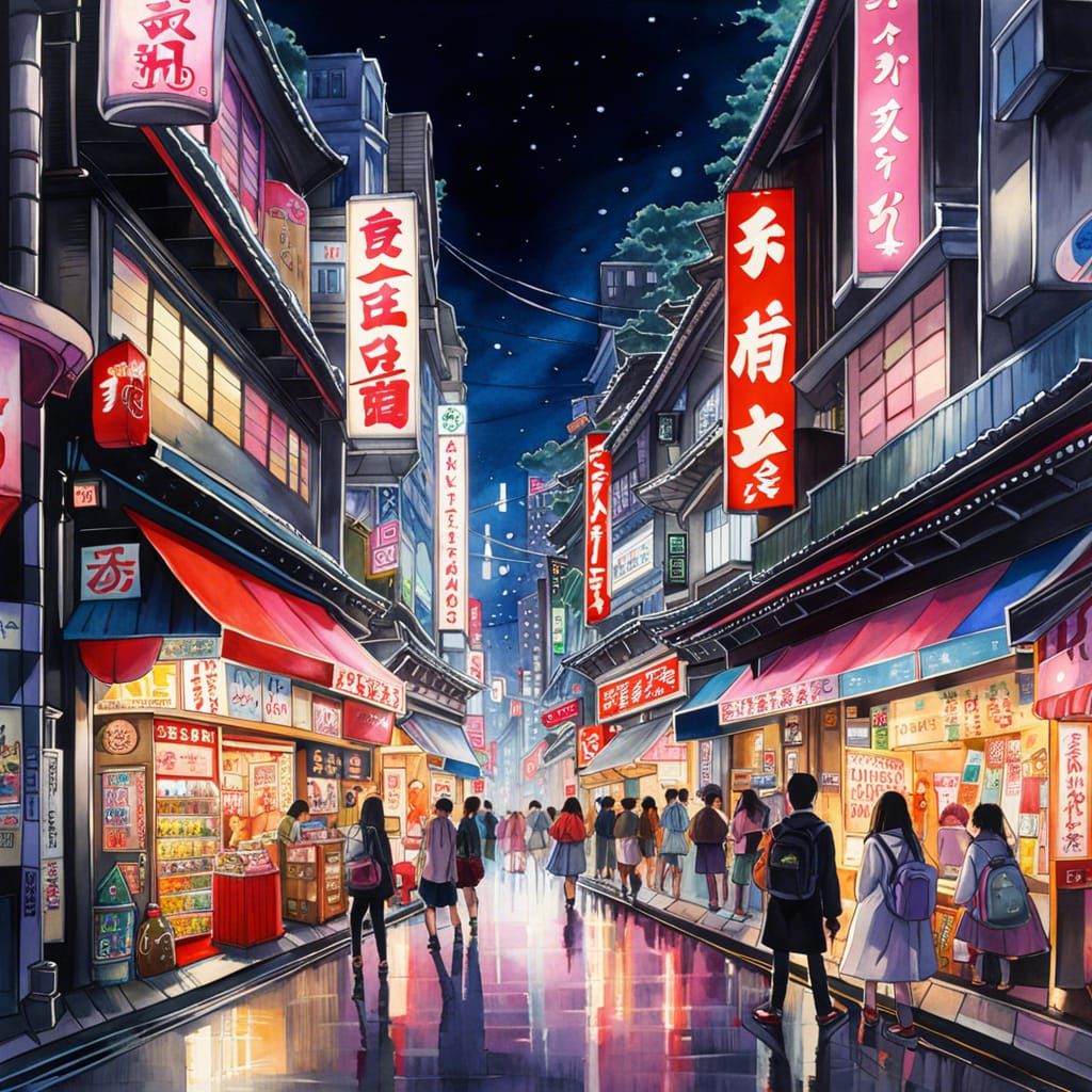 Night in Harajuku: Japanese Street Scene in Splash Art