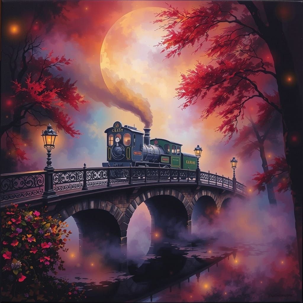Romantic Antique Train Crossing in Foggy Misty Landscape