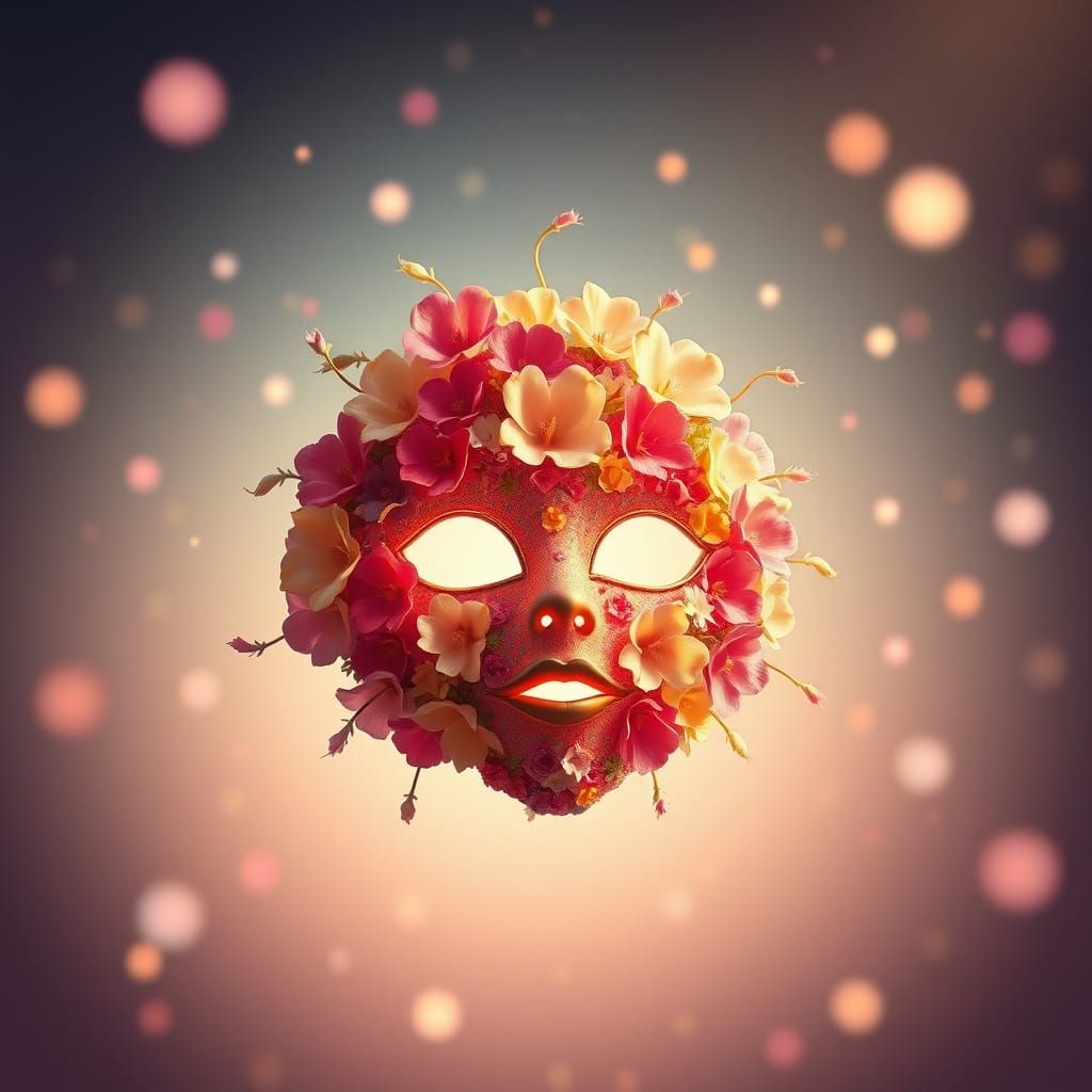 Whimsical Floral Mask Floating in Dreamlike Void