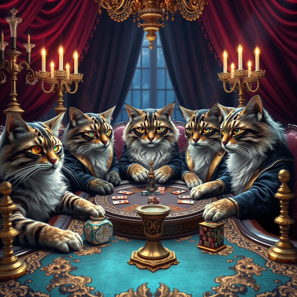 Felines in Opulent Baroque Poker Scene