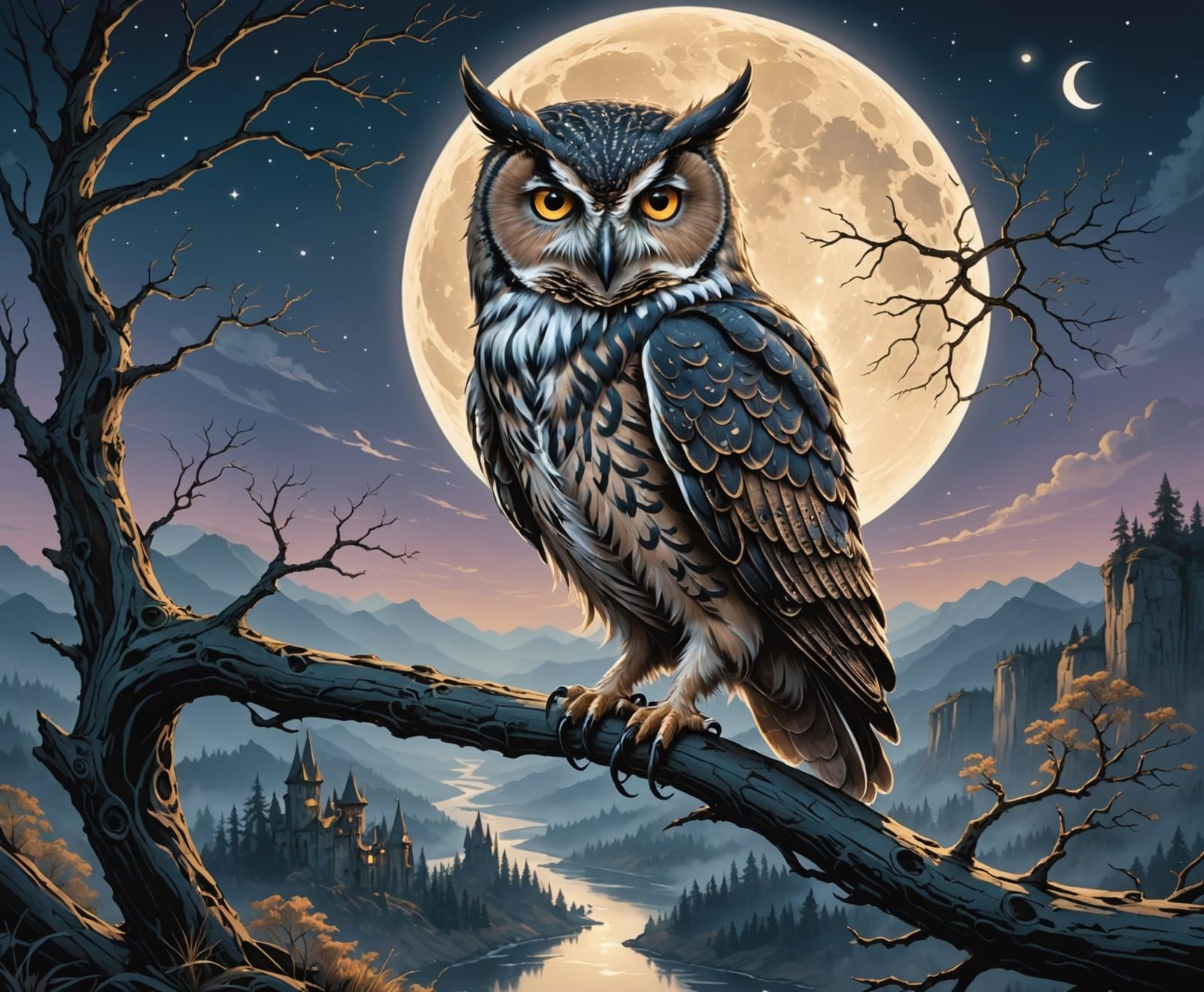 Ethereal Owl on Ancient Branch in Comic Art Style