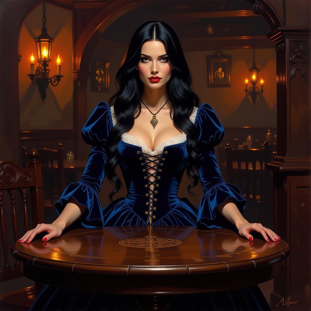 Woman in Blue Velvet Dress in Tavern, Frazetta Style