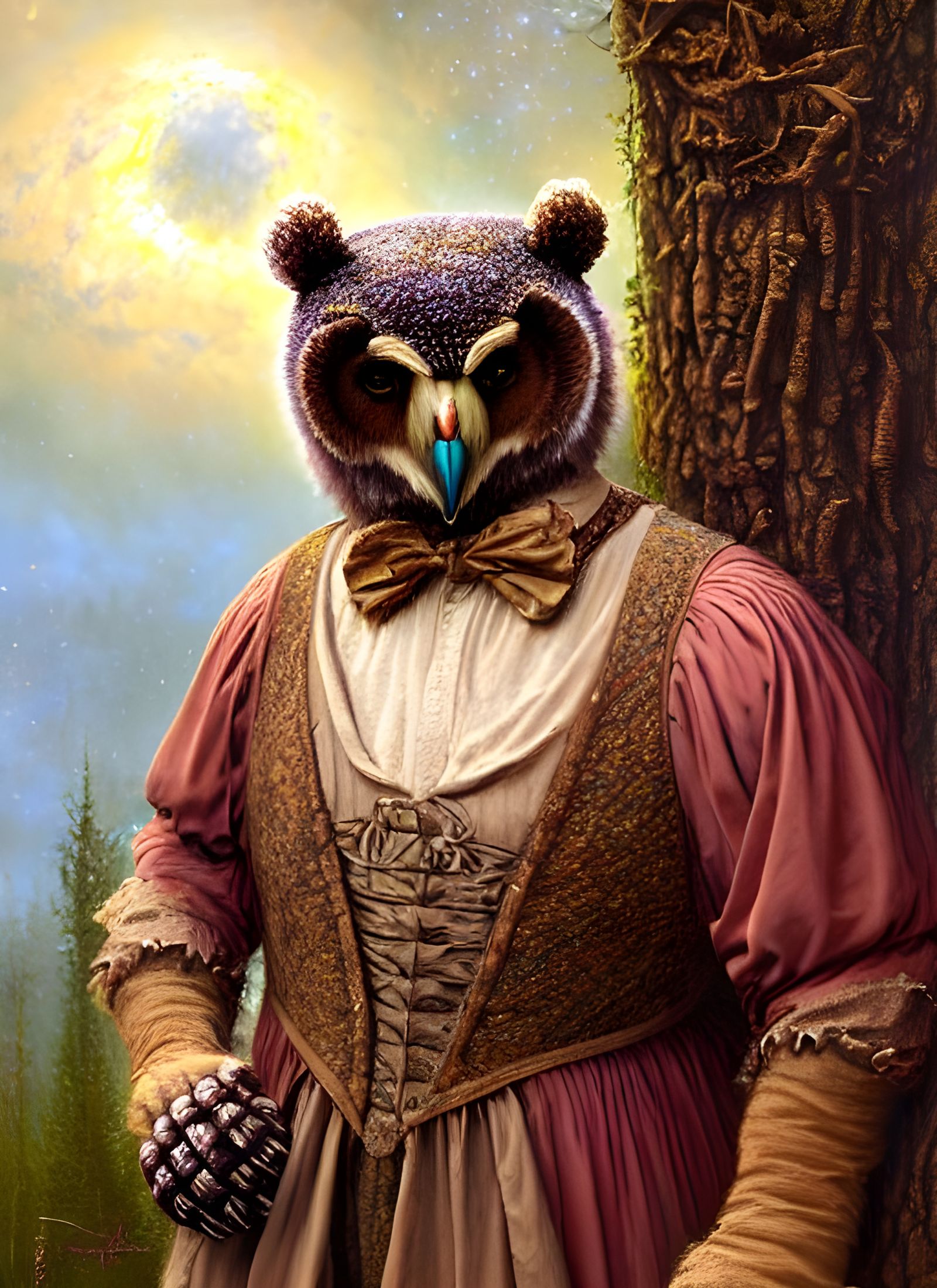 Renaissance Bear-Owl Hybrid Illustration