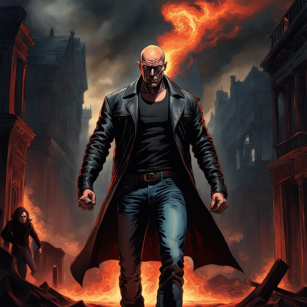 Fiery Gaze: Bald Man in Leather Jacket