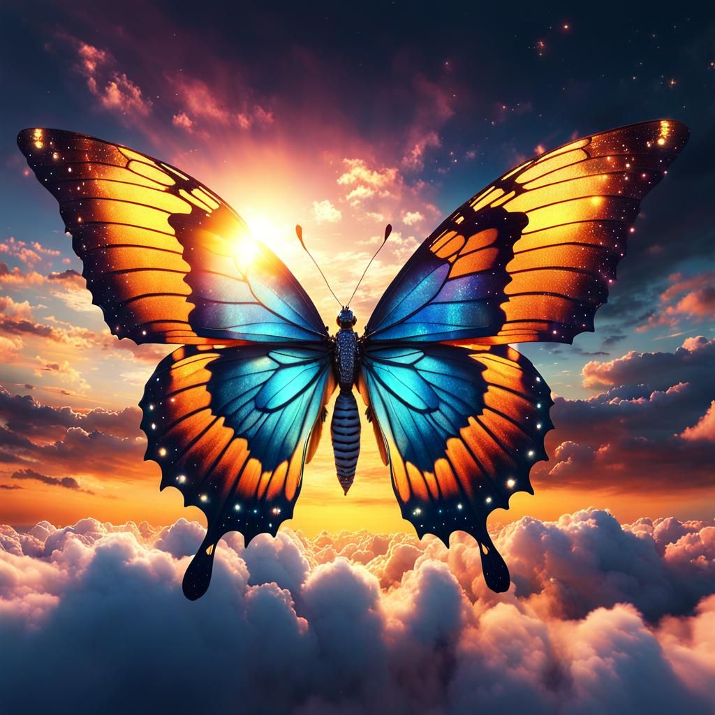 Mystical Butterfly with Galactic Wings at Sunset