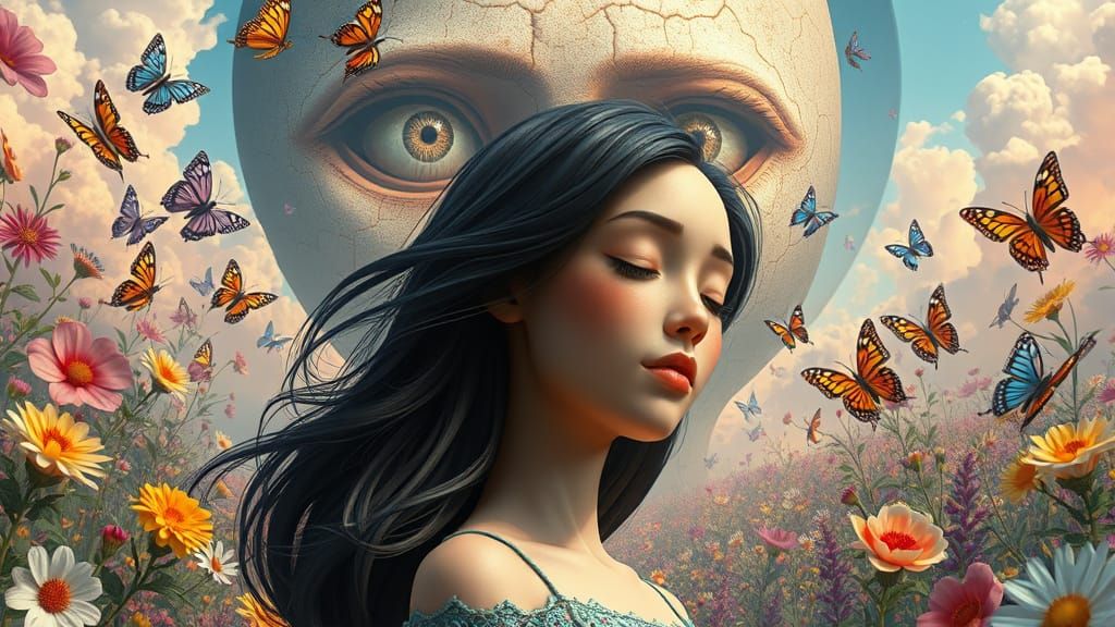 Surreal Woman in Dreamlike Pixar Landscape