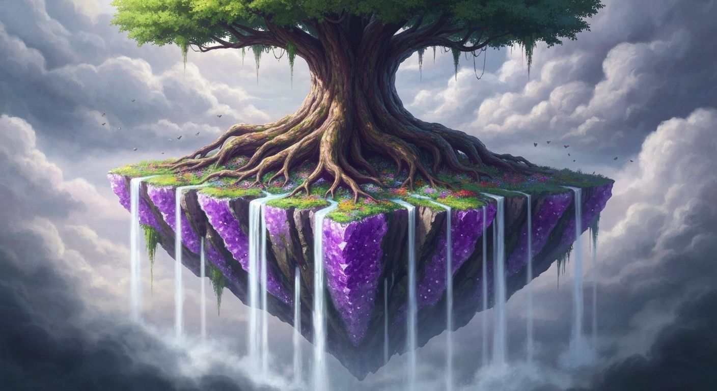 Ancient Tree in Amethyst Geode Above Clouds