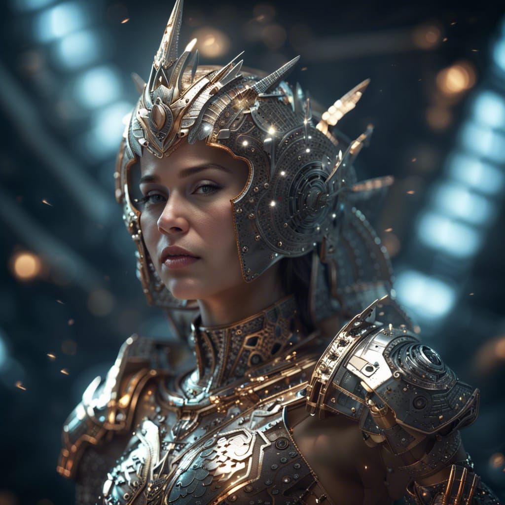 Female Warrior in Shining Armor with Cyberpunk Background