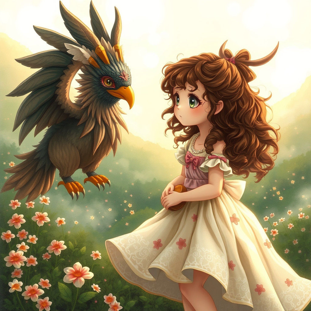 Whimsical Country Girl and Tengu in Dreamy Landscape
