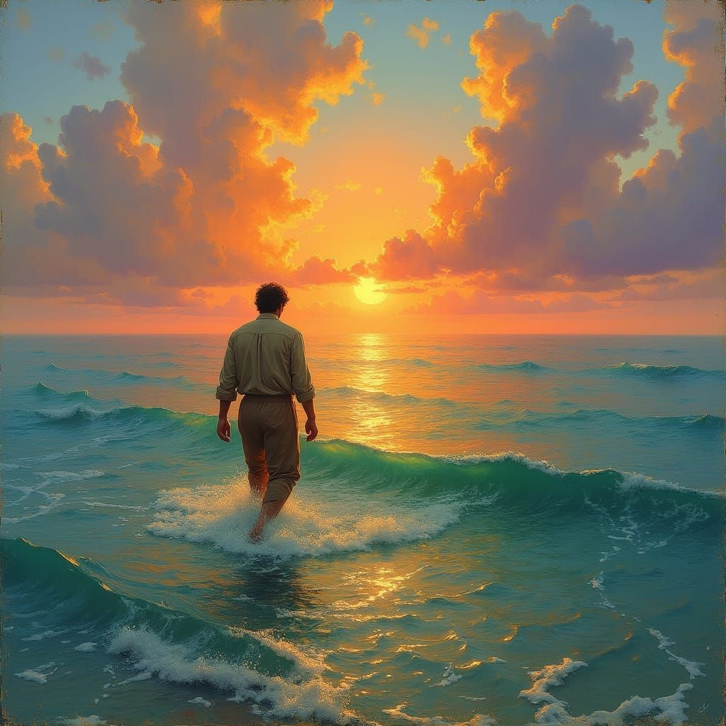 Man Walks on Water at Sunset: Romantic Realism